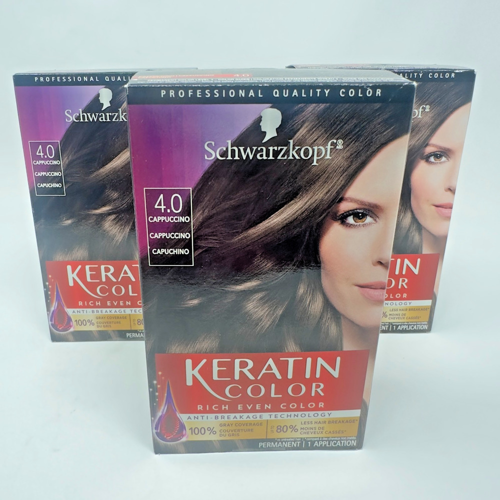 3 Pack Schwarzkopf Keratin Color Permanent Hair Color Cream, 4.0 Cappuccino
